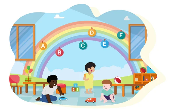 Niños Jugar Juguetes Kindergarten Aula Interior Niños Mobiliario Escolar Vector — Archivo Imágenes Vectoriales