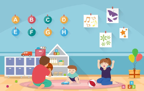 Kids Play Toys Kindergarten Classroom Interior Children School Furniture Vector - Stok Vektor