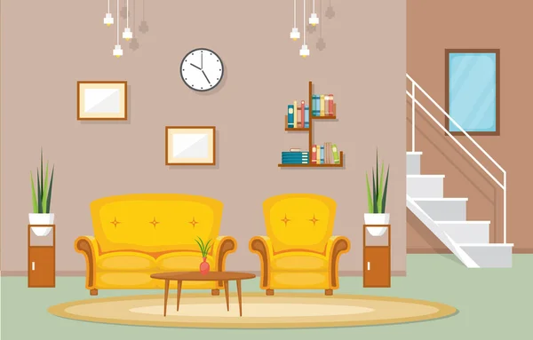 Luxury Deluxe Living Room Apartemen Penthouse Interior Furniture Vector Illustration - Stok Vektor