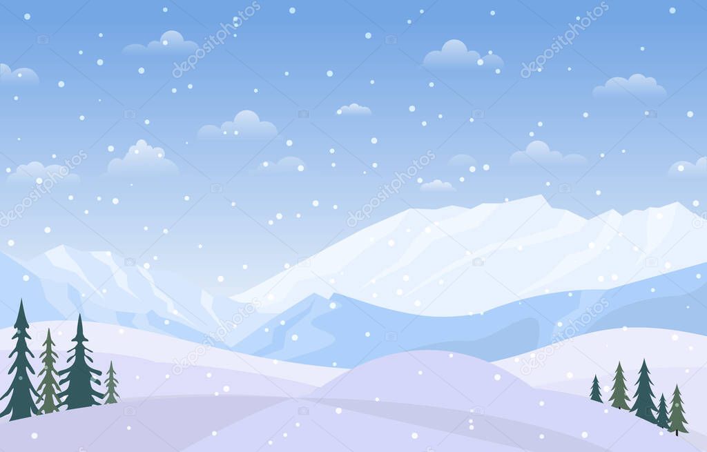 Winter Scene Snow Landscape with Pine Trees Mountain Vector Illustration