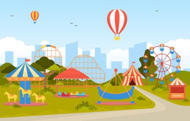 Lunapark Sirk Karnavalı Havai fişek Manzarası Çizimleriyle Eğlence Fuarı