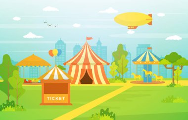 Lunapark Sirk Karnavalı Havai fişek Manzarası Çizimleriyle Eğlence Fuarı