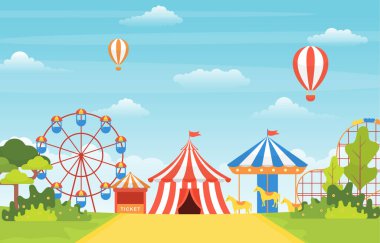 Lunapark Sirk Karnavalı Havai fişek Manzarası Çizimleriyle Eğlence Fuarı