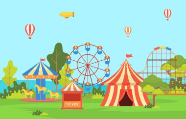 Lunapark Sirk Karnavalı Havai fişek Manzarası Çizimleriyle Eğlence Fuarı
