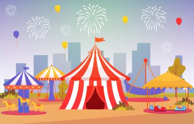 Lunapark Sirk Karnavalı Havai fişek Manzarası Çizimleriyle Eğlence Fuarı