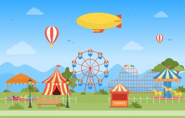 Lunapark Sirk Karnavalı Havai fişek Manzarası Çizimleriyle Eğlence Fuarı