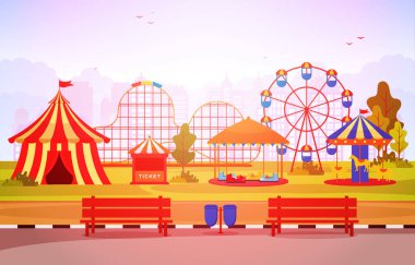 Lunapark Sirk Karnavalı Havai fişek Manzarası Çizimleriyle Eğlence Fuarı