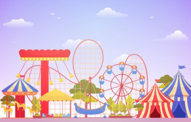 Lunapark Sirk Karnavalı Havai fişek Manzarası Çizimleriyle Eğlence Fuarı