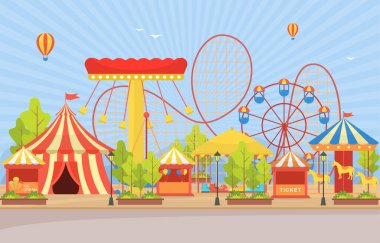 Lunapark Sirk Karnavalı Havai fişek Manzarası Çizimleriyle Eğlence Fuarı