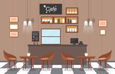 Modern Kafe Kahve Dükkanı Mobilya Lokantası Düz Tasarım İllüstrasyonu