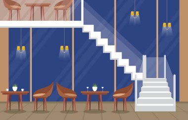 Modern Kafe Kahve Dükkanı Mobilya Lokantası Düz Tasarım İllüstrasyonu