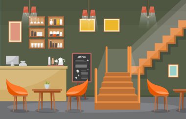 Modern Kafe Kahve Dükkanı Mobilya Lokantası Düz Tasarım İllüstrasyonu