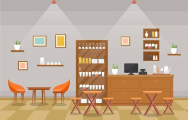 Modern Kafe Kahve Dükkanı Mobilya Lokantası Düz Tasarım İllüstrasyonu