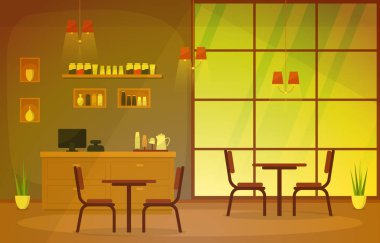 Modern Kafe Kahve Dükkanı Mobilya Lokantası Düz Tasarım İllüstrasyonu