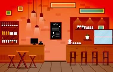 Modern Kafe Kahve Dükkanı Mobilya Lokantası Düz Tasarım İllüstrasyonu