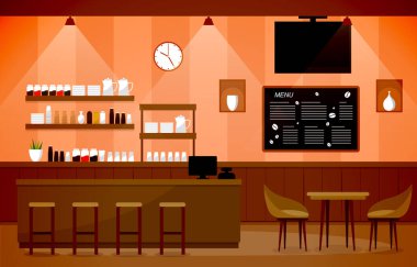 Modern Kafe Kahve Dükkanı Mobilya Lokantası Düz Tasarım İllüstrasyonu