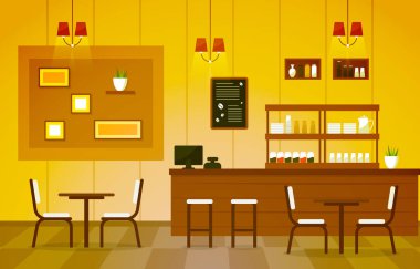 Modern Kafe Kahve Dükkanı Mobilya Lokantası Düz Tasarım İllüstrasyonu