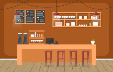 Modern Kafe Kahve Dükkanı Mobilya Lokantası Düz Tasarım İllüstrasyonu