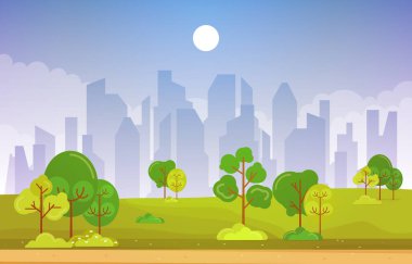 Şehir Parkında Yaz Baharı Manzarası Açık Arazi Düz Çizim