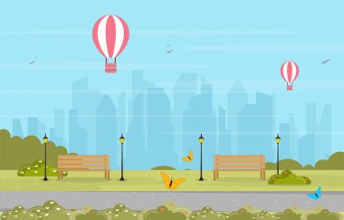 Şehir Parkında Yaz Baharı Manzarası Açık Arazi Düz Çizim