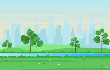 Şehir Parkında Yaz Baharı Manzarası Açık Arazi Düz Çizim