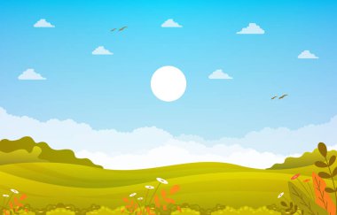 Şehir Parkında Yaz Baharı Manzarası Açık Arazi Düz Çizim