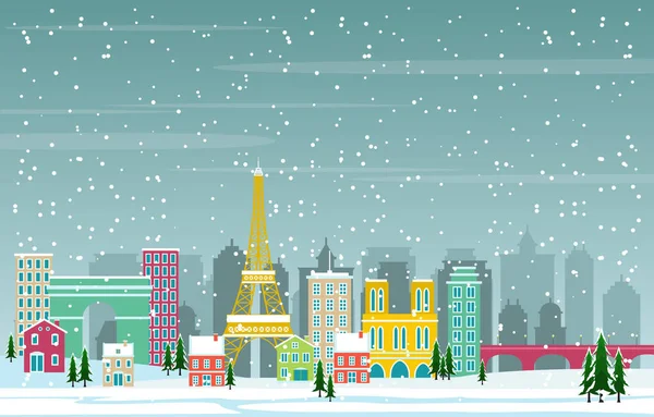 パリの冬の雪 Cityscape Skyline Landmark Buildingイラスト — ストックベクタ