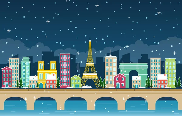 Inverno Neve Cidade Paris Cityscape Skyline Landmark Ilustração Edifício — Vetor de Stock
