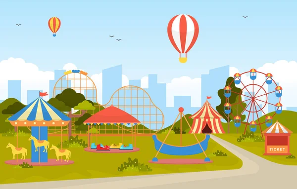 Parc Attractions Circus Carnival Festival Fun Fair Avec Feu Artifice — Image vectorielle