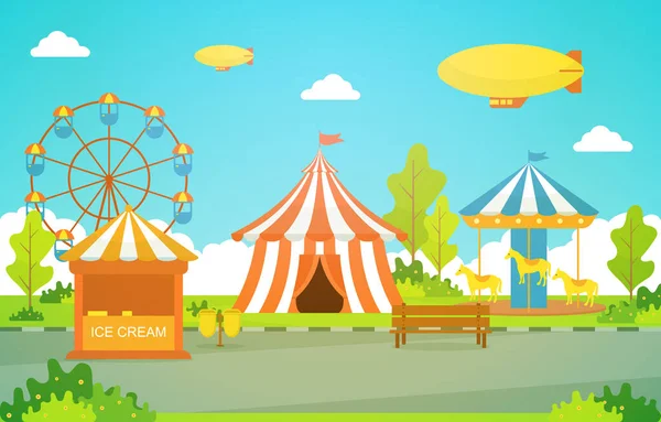 Park Rozrywki Cyrk Karnawał Festiwal Zabawa Fair Fajerwerkami Krajobraz Ilustracja — Wektor stockowy