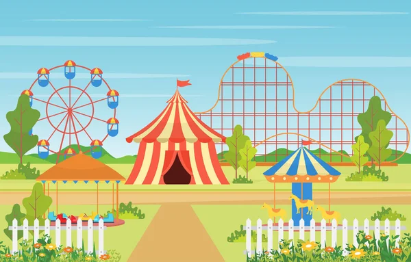 Vidámpark Cirkusz Karnevál Fesztivál Szórakoztató Vásár Tűzijátékkal Tájkép Illusztráció — Stock Vector