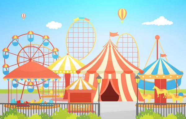 Vergnügungspark Circus Carnival Festival Kirmes Mit Feuerwerk Landschaft Illustration — Stockvektor