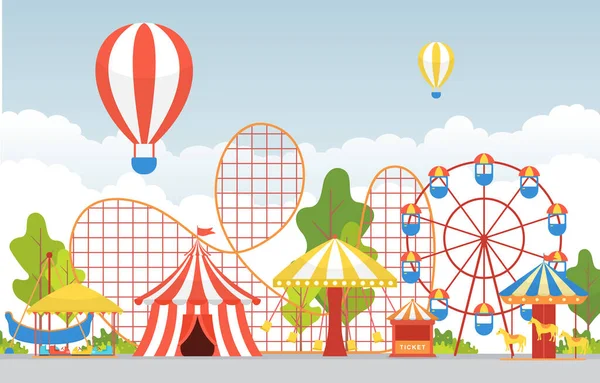 Parque Atracciones Festival Carnaval Circo Feria Diversión Con Fuegos Artificiales — Vector de stock