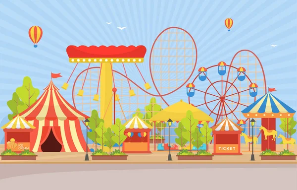 Vergnügungspark Circus Carnival Festival Kirmes Mit Feuerwerk Landschaft Illustration — Stockvektor