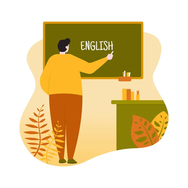 英語教師がBlackboardフラットイラストで教室の前に立つ — ストックベクタ