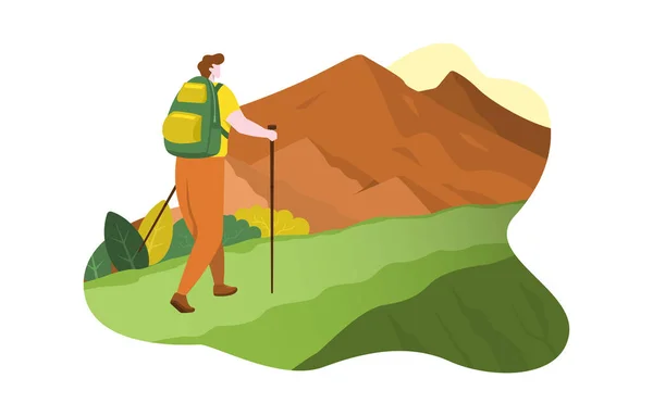 Caminhante Homem Com Mochila Para Cima Montanha Projeto Plano Ilustração — Vetor de Stock