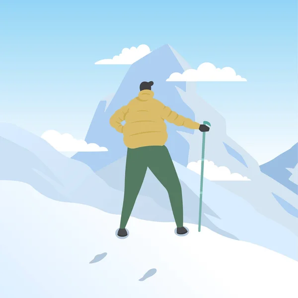 Túrázó Hegymászó Férfi Áll Tetején Ice Snow Mountain Flat Illusztráció — Stock Vector