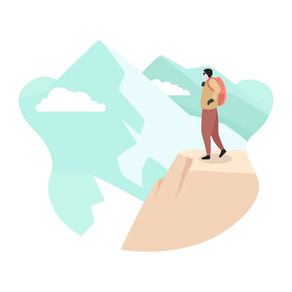 Randonneur Alpiniste Homme Debout Sur Glace Neige Montagne Plat Illustration — Image vectorielle