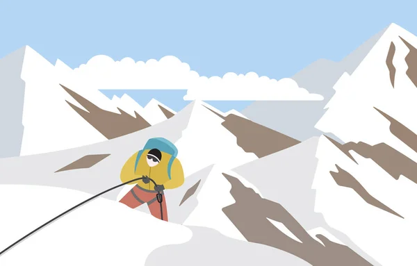 Wędrowiec Alpinista Człowiek Wspinaczka Górze Ice Snow Mountain Płaska Ilustracja — Wektor stockowy