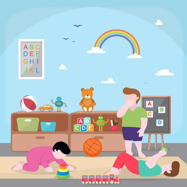 Crianças Crianças Aprendendo Jogando Brinquedos Educativos Ilustração Plana Jardim Infância — Vetor de Stock