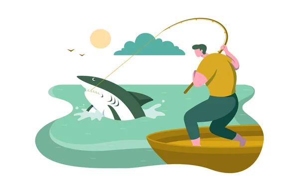Людина Човні Риболовля Акула Страйк Морі Плоский Дизайн Ілюстрація — стоковий вектор