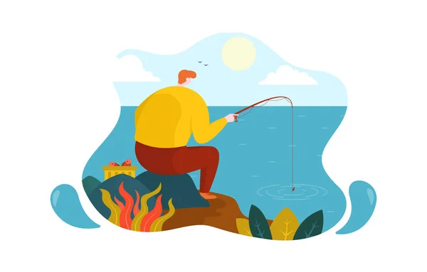 Homem Sentado Pedra Pesca Mar Lago Design Ilustração Plana — Vetor de Stock