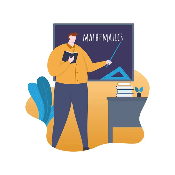 Insegnante Matematica Piedi Fronte All Aula Con Lavagna Illustrazione Piatta — Vettoriale Stock
