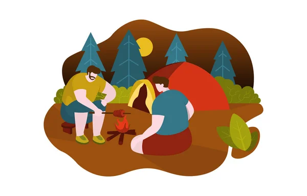 Mężczyźni Kempingi Grilling Meat Campfire Pobliżu Namiot Flat Design Illustration — Wektor stockowy