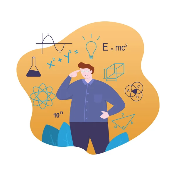 Lehrer Steht Mit Symbolformel Der Mathematik Physik Chemie Flache Illustration — Stockvektor