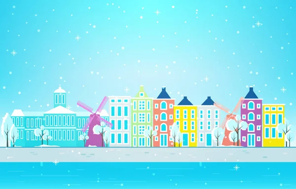 Nieve Invierno Ciudad Ámsterdam Paisaje Urbano Edificio Emblemático Ilustración — Vector de stock