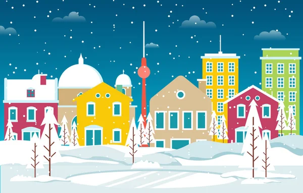 Nieve Invierno Berlín Ciudad Paisaje Urbano Skyline Edificio Emblemático Ilustración — Vector de stock