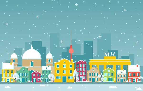Nieve Invierno Berlín Ciudad Paisaje Urbano Skyline Edificio Emblemático Ilustración — Vector de stock