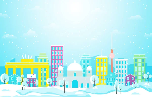 Inverno Neve Cidade Berlim Cityscape Skyline Landmark Ilustração Edifício — Vetor de Stock