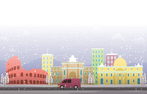 Nieve Invierno Ciudad Roma Paisaje Urbano Edificio Emblemático Ilustración — Vector de stock